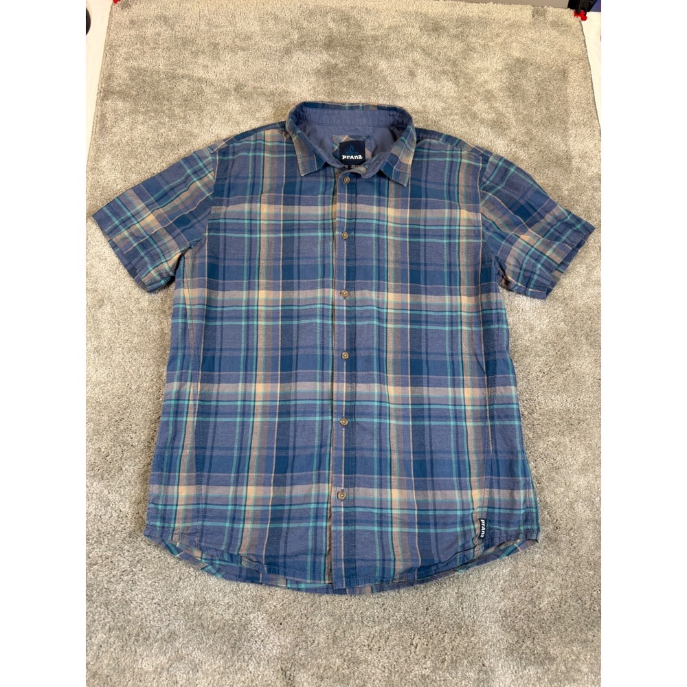 Prana Mens Large Blue Plaid Organic Cotton Short Sleeve Button Down Shirt LRG